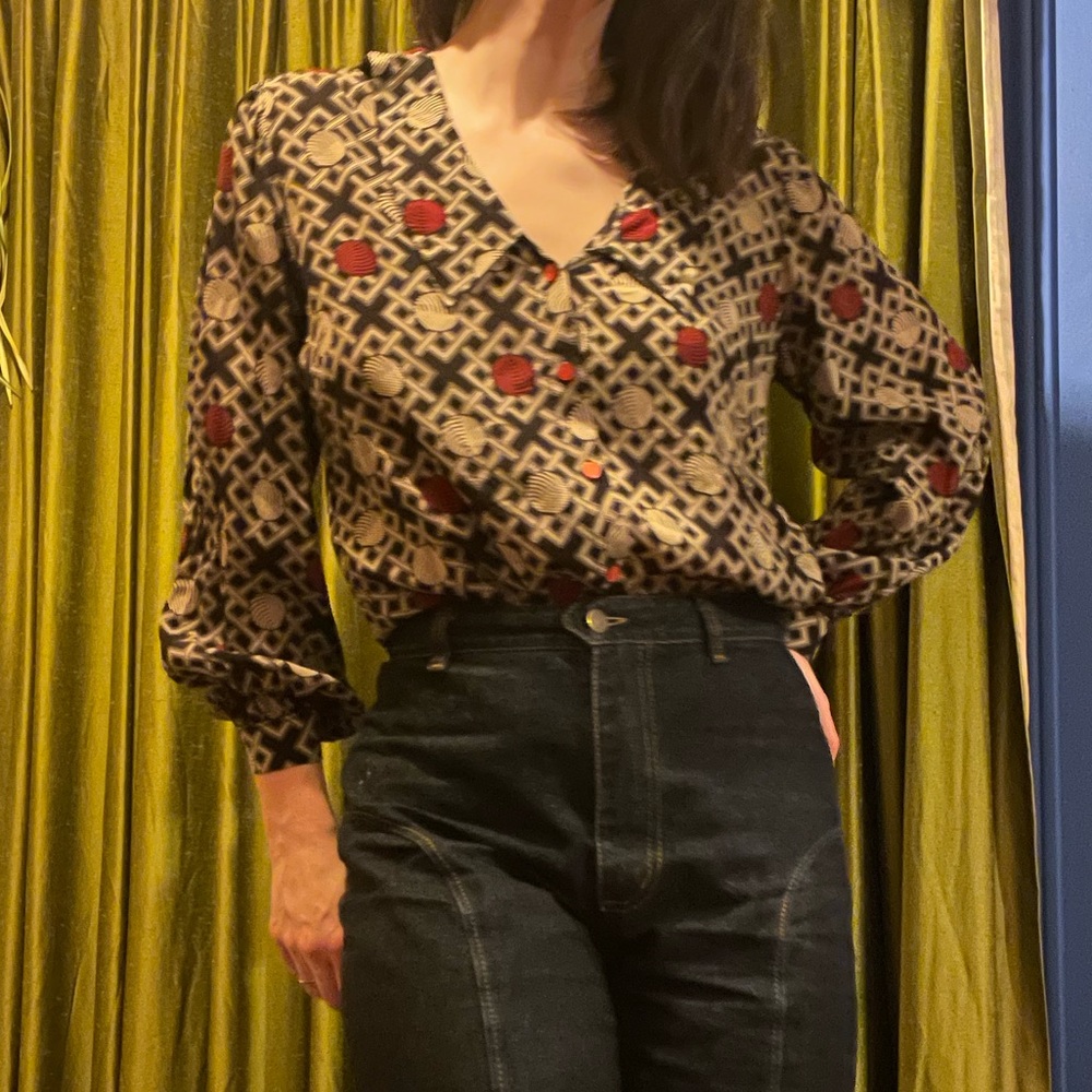 Patterned Blouse with Red Accents